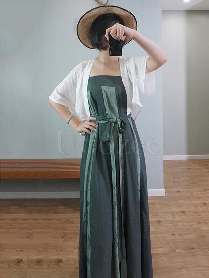 Green Striped Bamboo Jacquard Long Dress