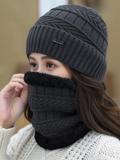 Winter Knitting Solid Color Keep Warm Scarf&Hat Two Pieces Set