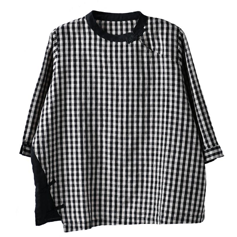 Buykud Retro Plaid Spliced Comfortable Pullover Blouse