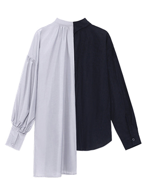 Irregular Casual Solid Color Pleated Buttoned Lapel Collar Long Sleeves Blouse