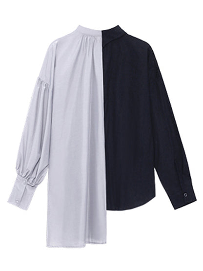 Irregular Casual Solid Color Pleated Buttoned Lapel Collar Long Sleeves Blouse