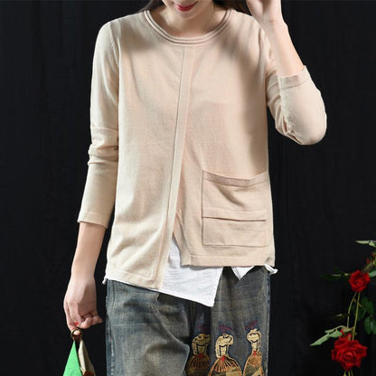 Buykud Solid Color Single Pocket Round Neck Casual Blouse