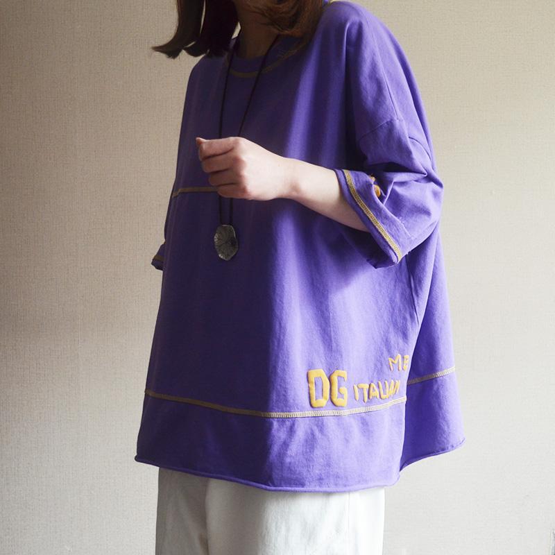 Cotton Round Neck Spliced Letter Casual Blouse