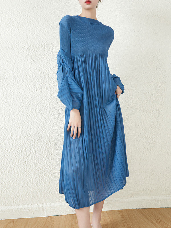 Loose Long Pile Sleeves Pleated Solid Color Round-Neck Midi Dresses