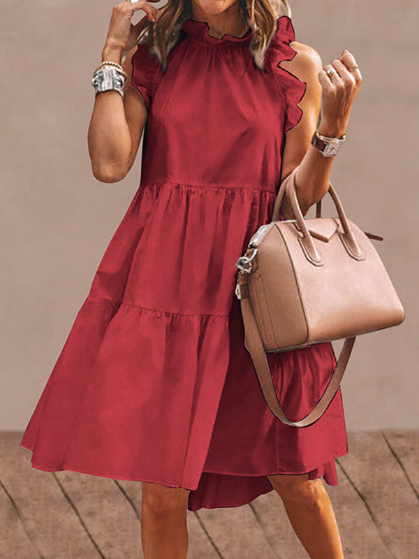 Stylish Solid Color Falbala Sleeveless Stand Collar Midi Dress