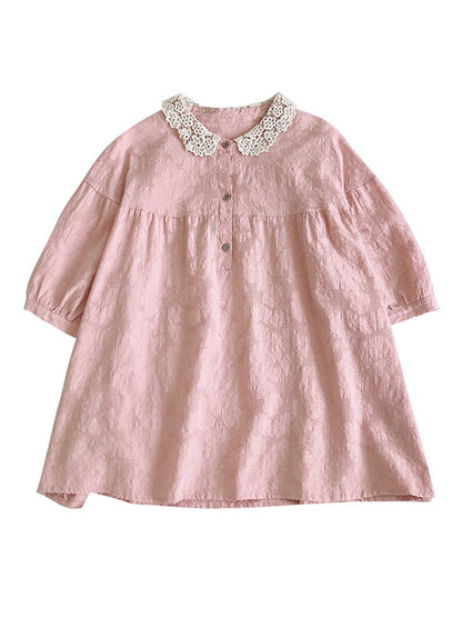 Casual Lace Ramie Cotton Embroidered Split-Joint Round Neck T-Shirt