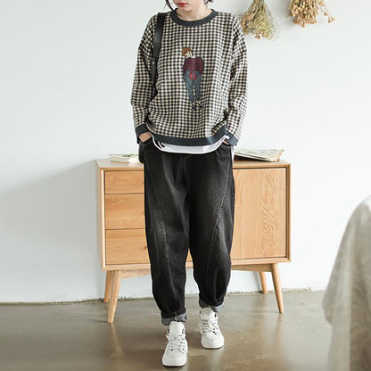 Buykud Plaid And Cartoon Character Casual Knitted Shirt