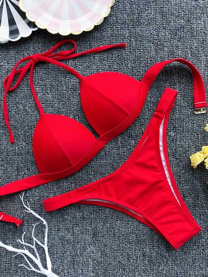 Plain Halter Narrow Straps Cami Bikini Swimsuit