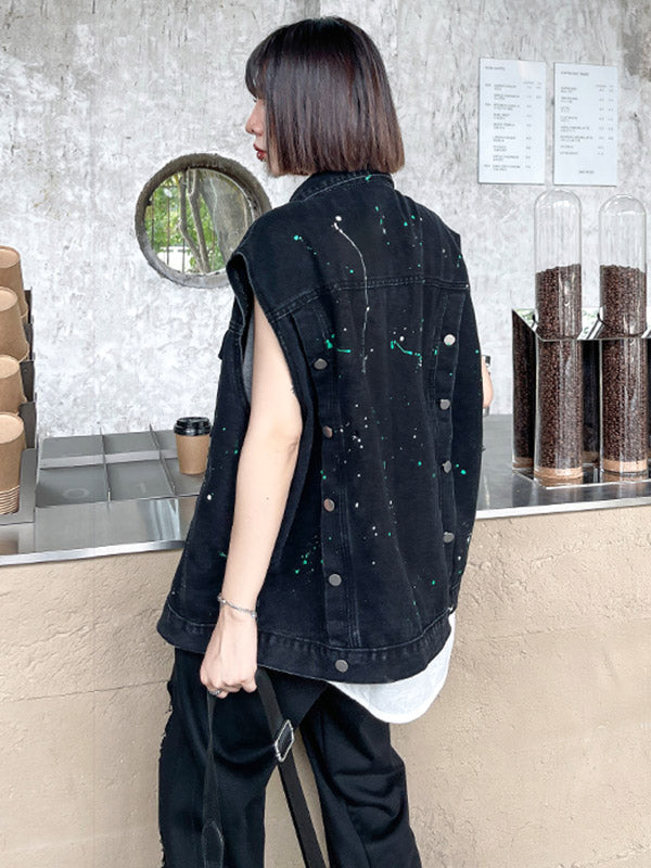 Original Denim Split-Joint With Pocket Splash Ink Buttoned Lapel Collar Sleeveless Vest Outwear