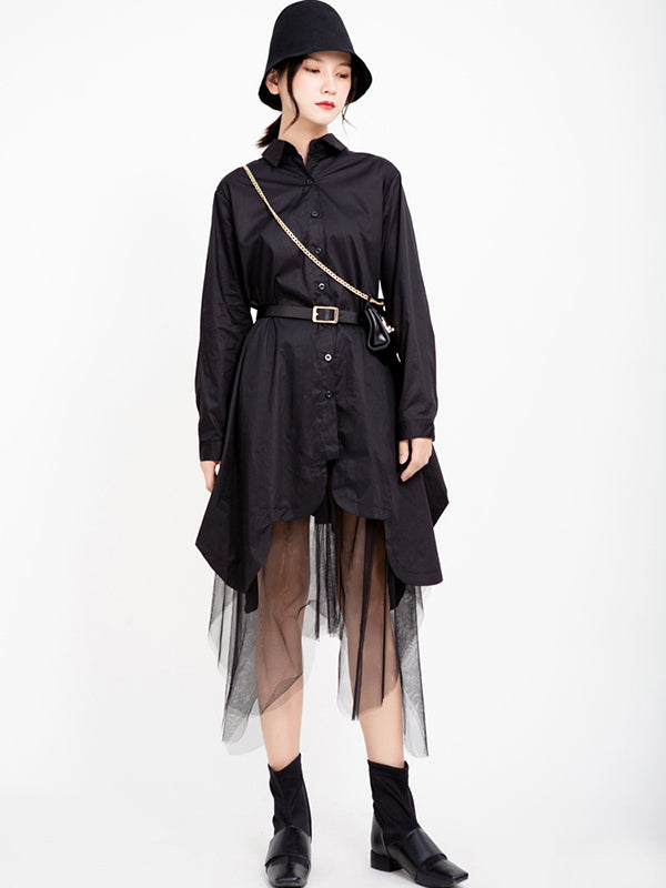 Urban Black&White Lapel Long Sleeves Shirt Dress