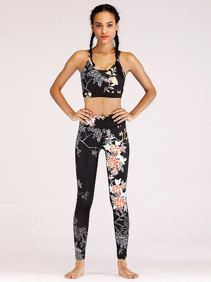 Floral Printed Spaghetti-neck Tank And Legging Yoga Suits
