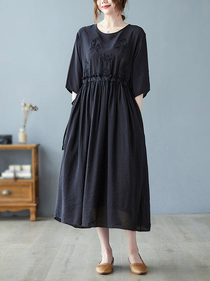 Artistic Retro Loose Solid Color Embroidered Drawstring Midi Dress