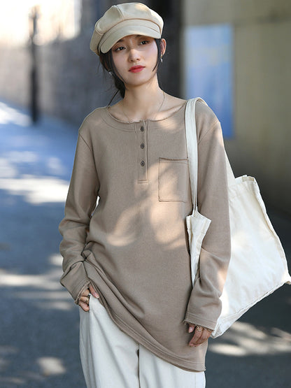 Artistic Retro Long Sleeves Loose Solid Color Round-Neck T-Shirts Tops