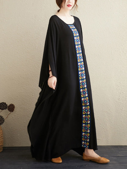 National Loose Embroidered Round-Neck Batwing Sleeves Midi Dress