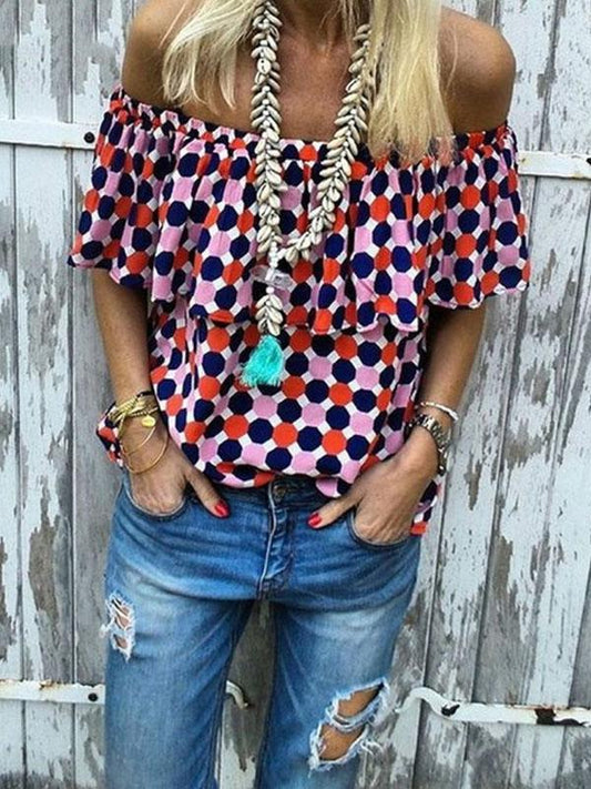 Off-the-shoulder Polka-dot Printed T-shirt