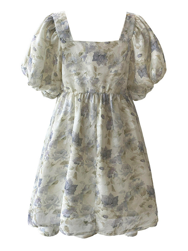 Original Floral Printed Square-Neck Puff Sleeve Mini Dress