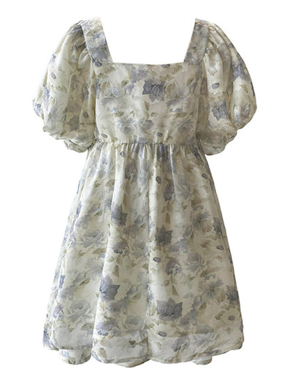 Original Floral Printed Square-Neck Puff Sleeve Mini Dress
