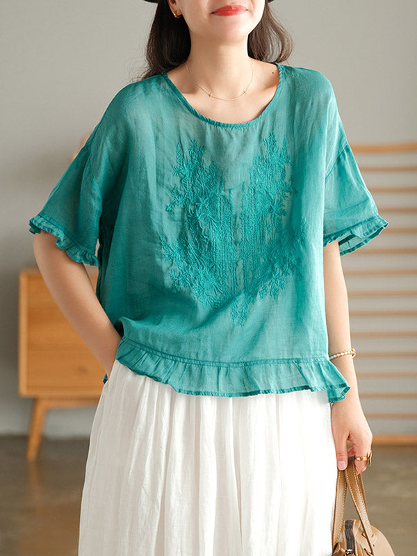 Ramie Cotton Embroidered Round-Neck T-Shirts Tops