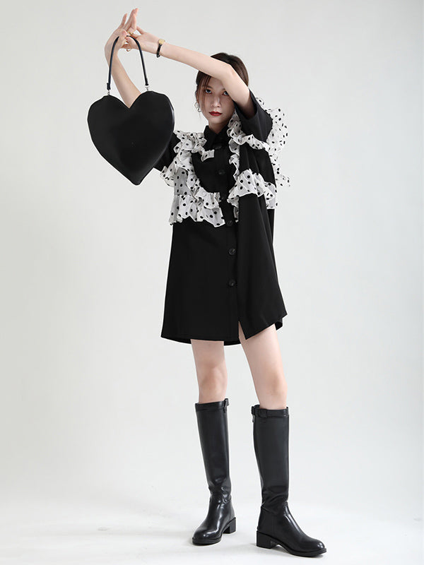 Stylish Irregular Split-Joint Polka-Dot Mesh Falbala Buttoned Lapel Collar Half Sleeves Mini Dress