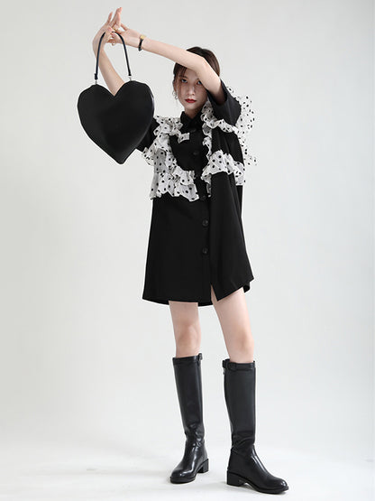Stylish Irregular Split-Joint Polka-Dot Mesh Falbala Buttoned Lapel Collar Half Sleeves Mini Dress