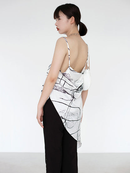 Vintage Printed Asymmetric Spaghetti-Neck Vest Top