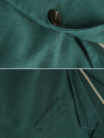 Simple Solid Color Buttoned Notched Collar Batwing Sleeve Outerwear