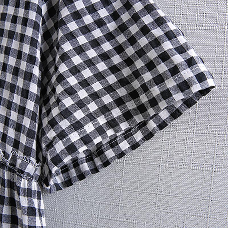 Cotton Linen Short Sleeve Plaid Dress