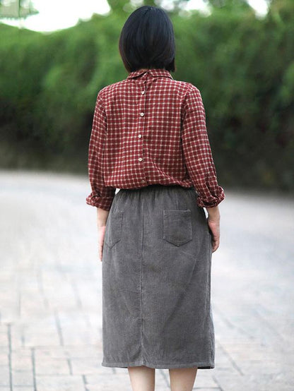 Linen Back-button Plaid Loose Blouse Top