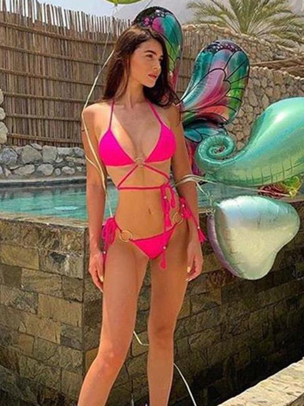 Triangles Bandage Metal Ring Split Bikini Swimsuit