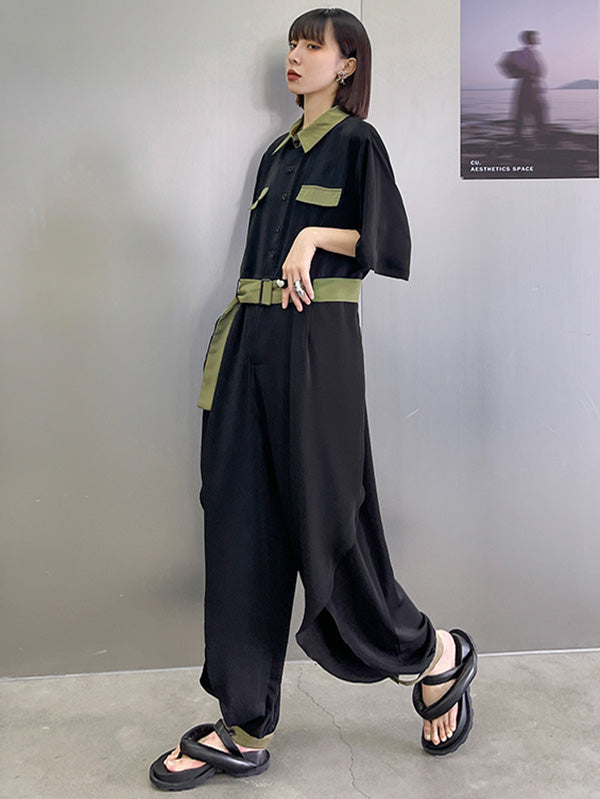 Stylish Belted Polo Collar Half Sleeve High-Waisted Jumpsuits