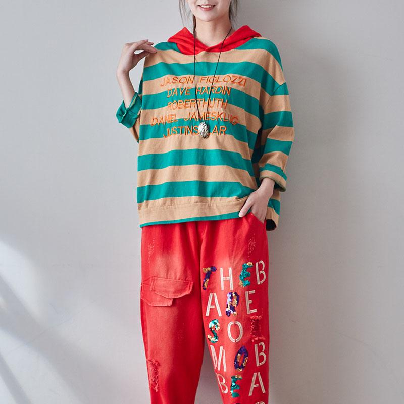 Buykud Stripes And Embroidered Letters Loose Hoodie