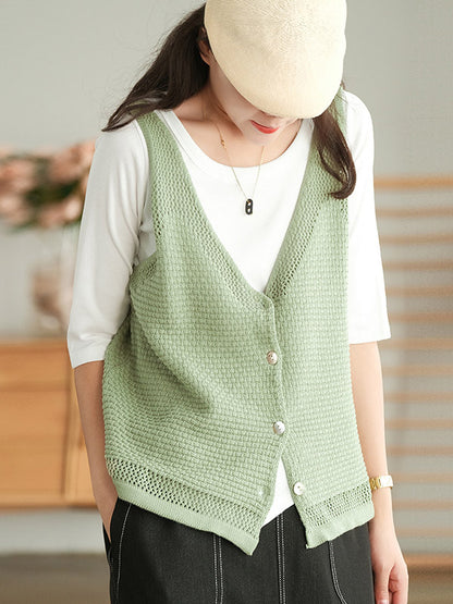Simple Solid Color Buttoned V-Neck Hollow Vest Tops