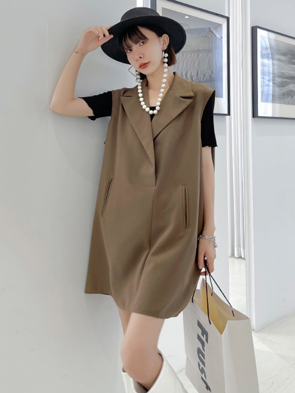 Urban Solid Color Split-Joint Notched Collar Sleeveless Mini Blazer Dress