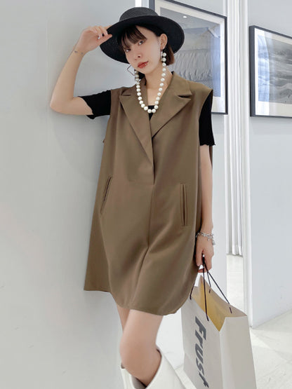 Urban Solid Color Split-Joint Notched Collar Sleeveless Mini Blazer Dress