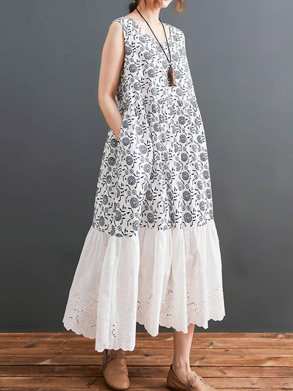 Loose Ramie Cotton National Printed Split-Joint Hollow Pleated Round-Neck Sleeveless Midi Dress