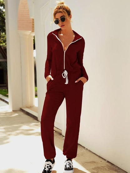 Solid Zipper Drawstring Jumpsuits