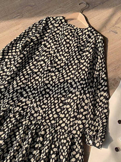 Stylish Polka-Dot Pleated Round-Neck Long Sleeves Loose Midi Dress