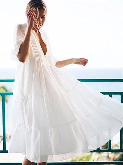 Vacation V-neck Short Sleeve Loose Midi Dress