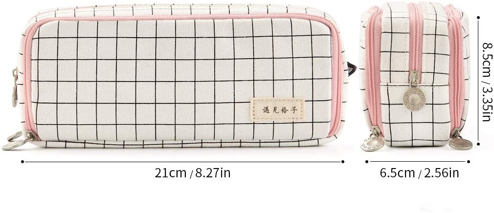 Large Pencil Case Big Capacity 3 Compartments Canvas Pencil Pouch for Teen Boys Girls School Students (Pink Strip Black Grid)