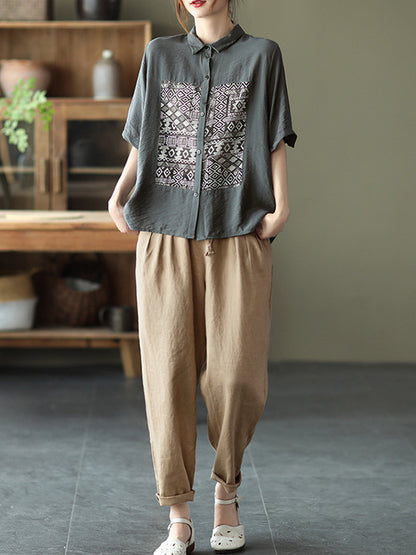Original Ethnic Printed Lapel Shirt Blouse Tops
