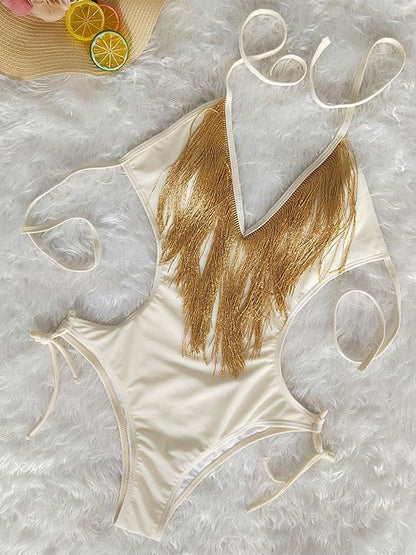 Deep V-neck Tassels Halterneck One-piece Swimwear