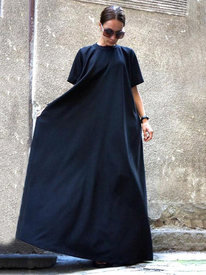 Loose Navy-blue Short Sleeves Maxi Dress
