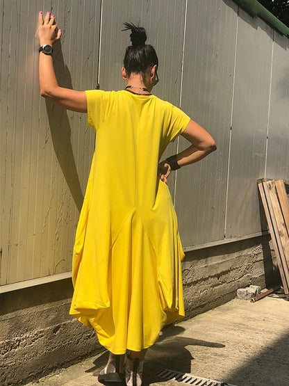 Short Sleeve Double Pockets Irregular Maxi Dress