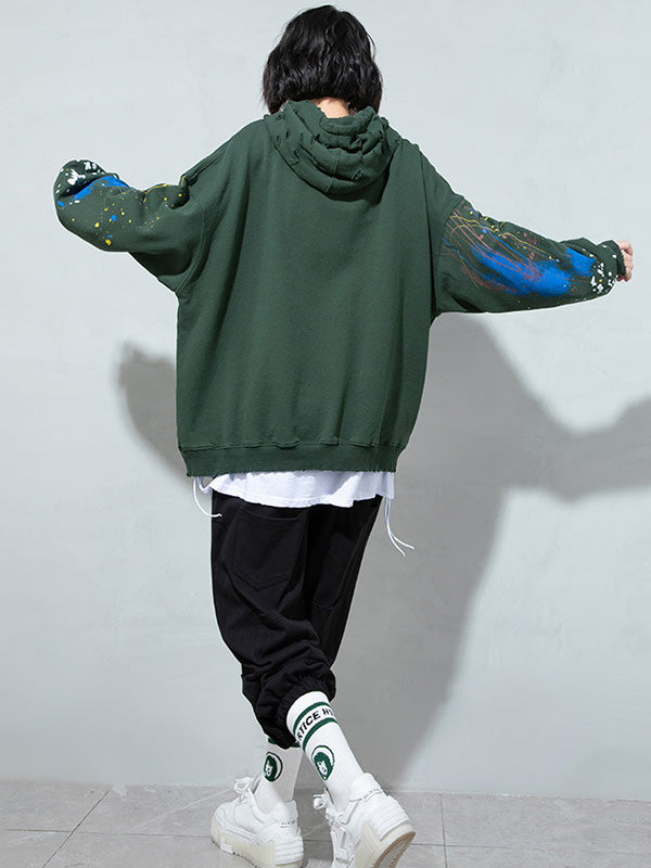 Fashion Printed Split-Joint Drawstring Hoodies Top