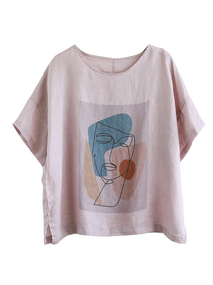 Original Linen Cartoon Printed Short Sleeve T-Shirts Tops