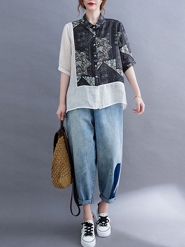 Original Asymmetric Split-Joint Short Sleeves Lapel Blouse Tops