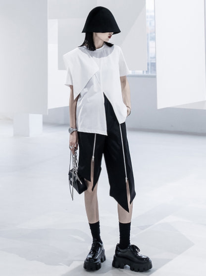 Urban Asymmetric Split-Front Solid Color Short Sleeves T-Shirt Top