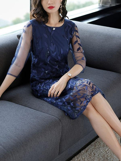 Casual Grenadine Embroidered Midi Dress