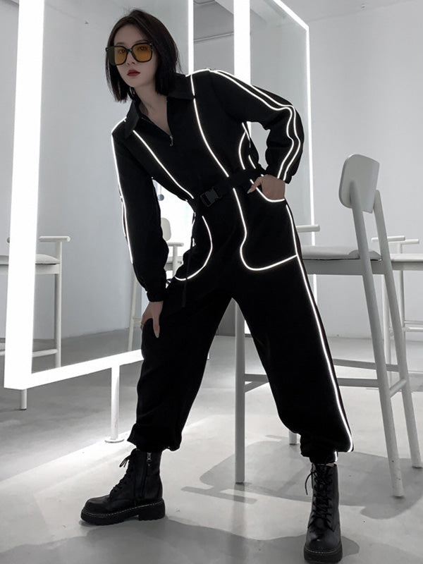 Cool Street Loose High-Waist Zipper Reflective Stripe Lapel Collar Long Sleeves Wide Leg Jumpsuits