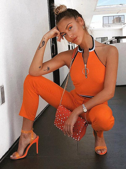Halterneck Zipper Crop Tanks